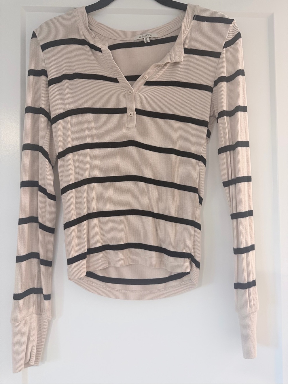 Z Supply Cream and Black Striped Ribbed Henley Long Sleeve
